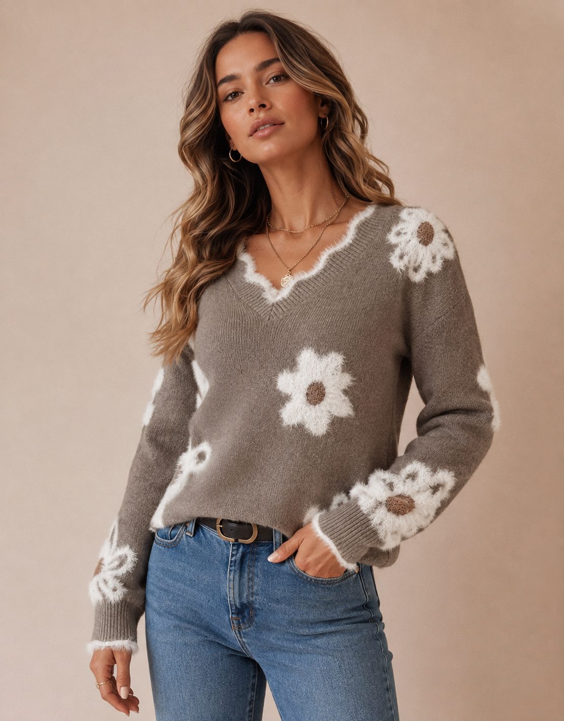 Women's Floral Knit V-Neck Sweater