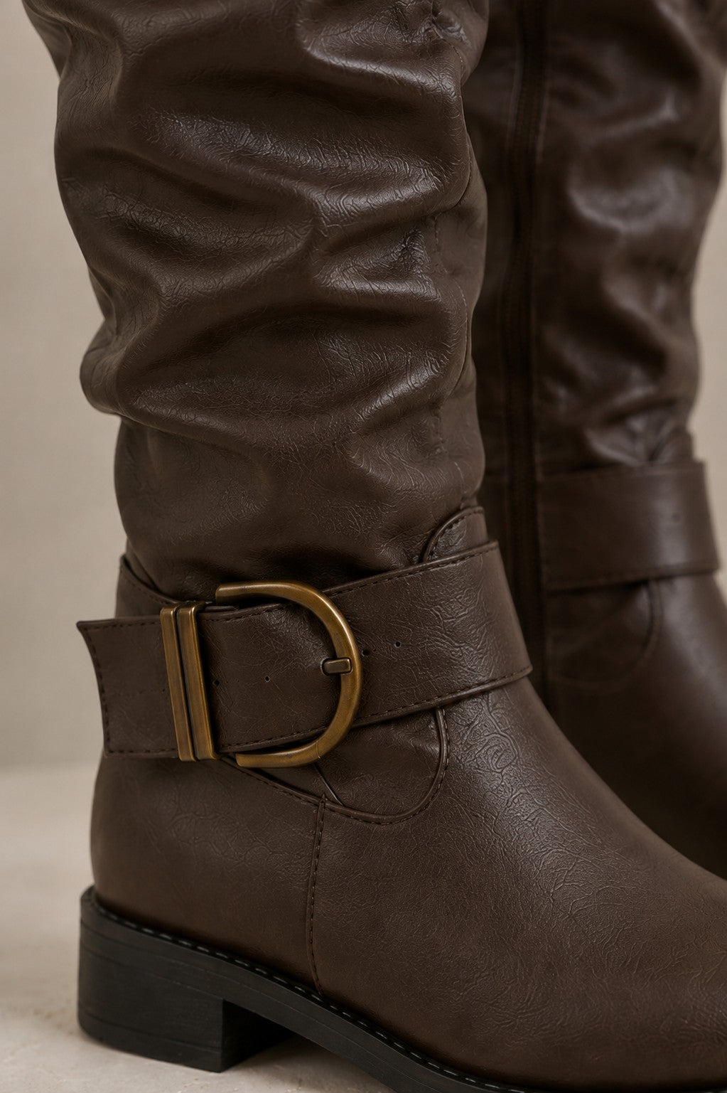 Women's Slouchy Fit Brown Knee-High Boots with Buckle — Wide Calf