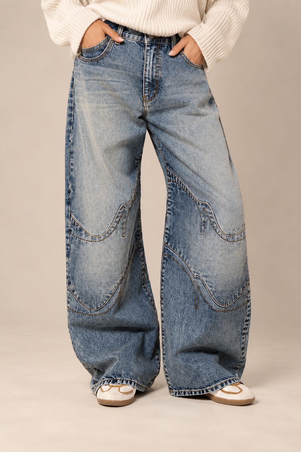 Loose-Fitting Wide-Leg Denim Pants with Ribbed Waistband — Urban Casual Style