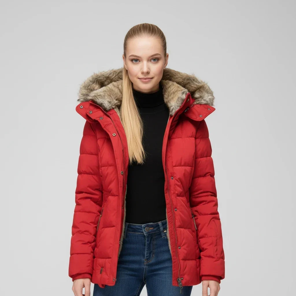 Women's Quilted Puffer Jacket with Hood and Faux Fur Trim
