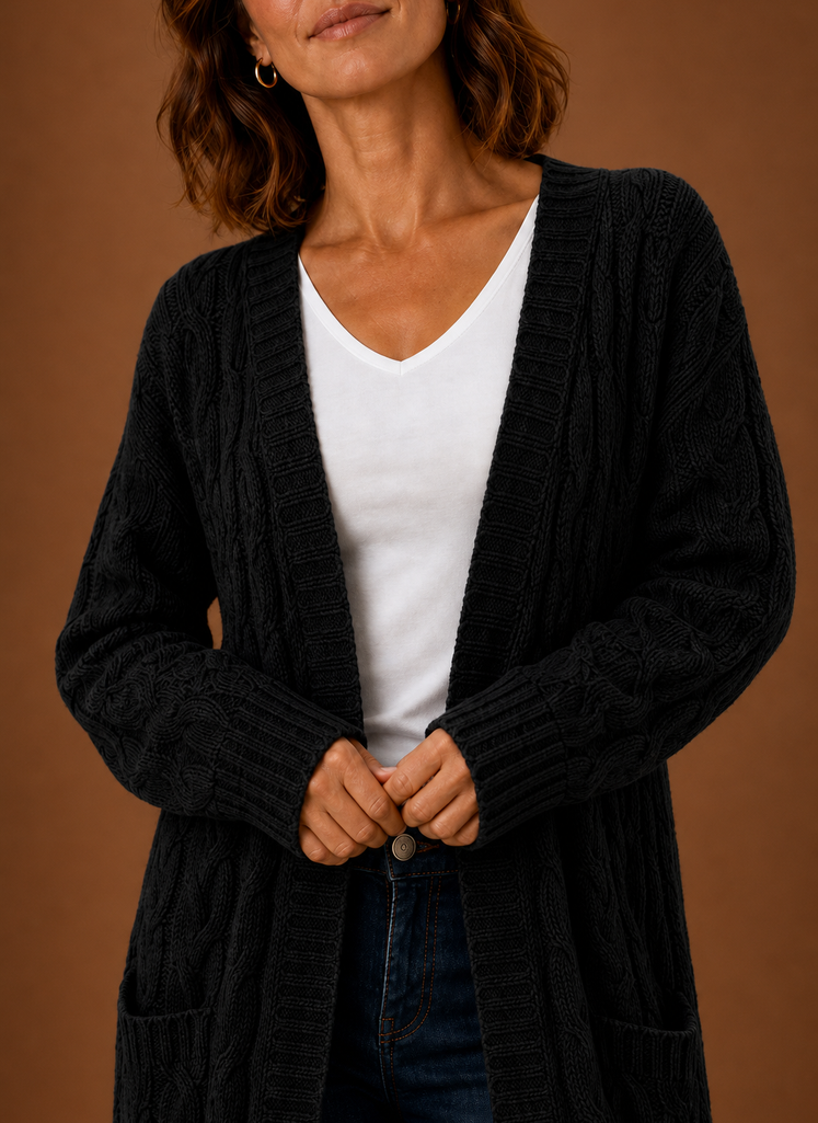 Women's Chunky Cable Knit Hooded Long Cardigan Duster