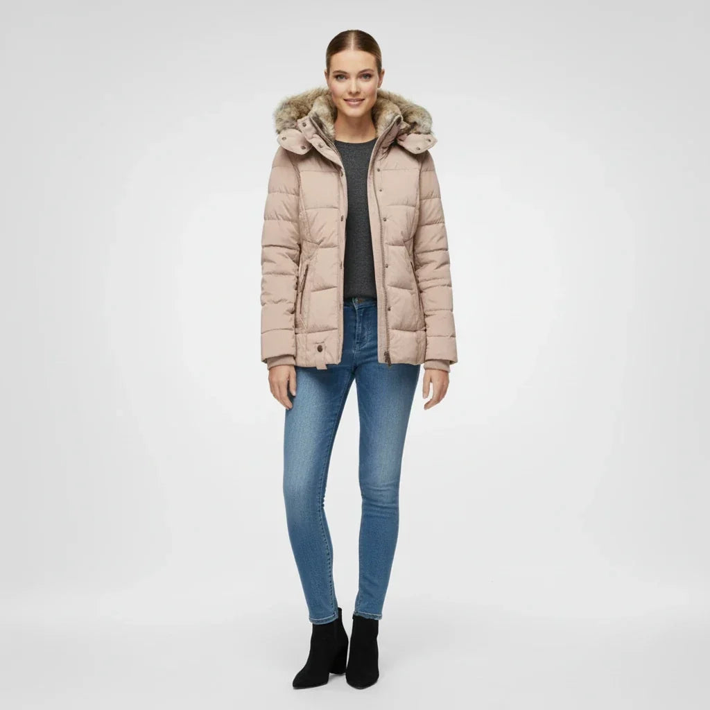 Women's Quilted Puffer Jacket with Hood and Faux Fur Trim