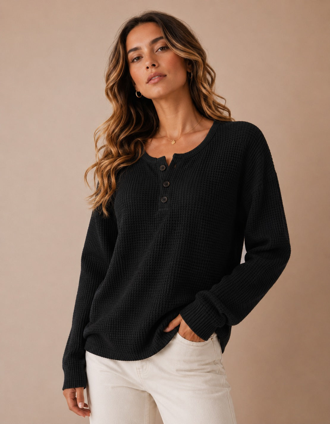 Women's Waffle Knit Henley Sweater