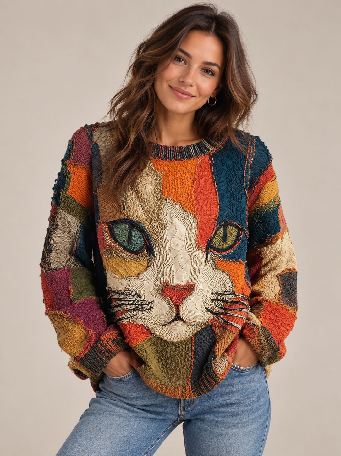 Patchwork Cat Face Sweater - Crew Neck with Long Sleeves