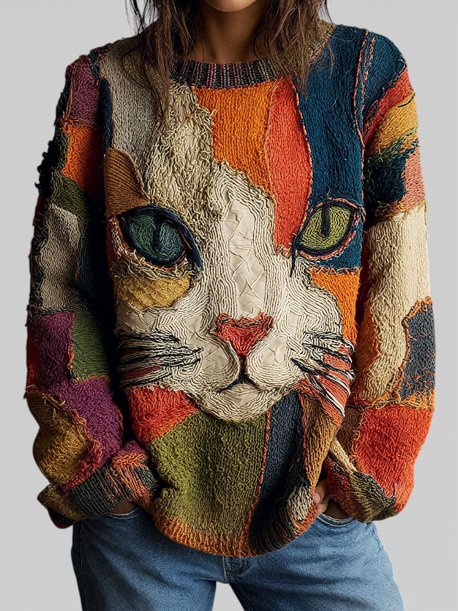 Patchwork Cat Face Sweater - Crew Neck with Long Sleeves