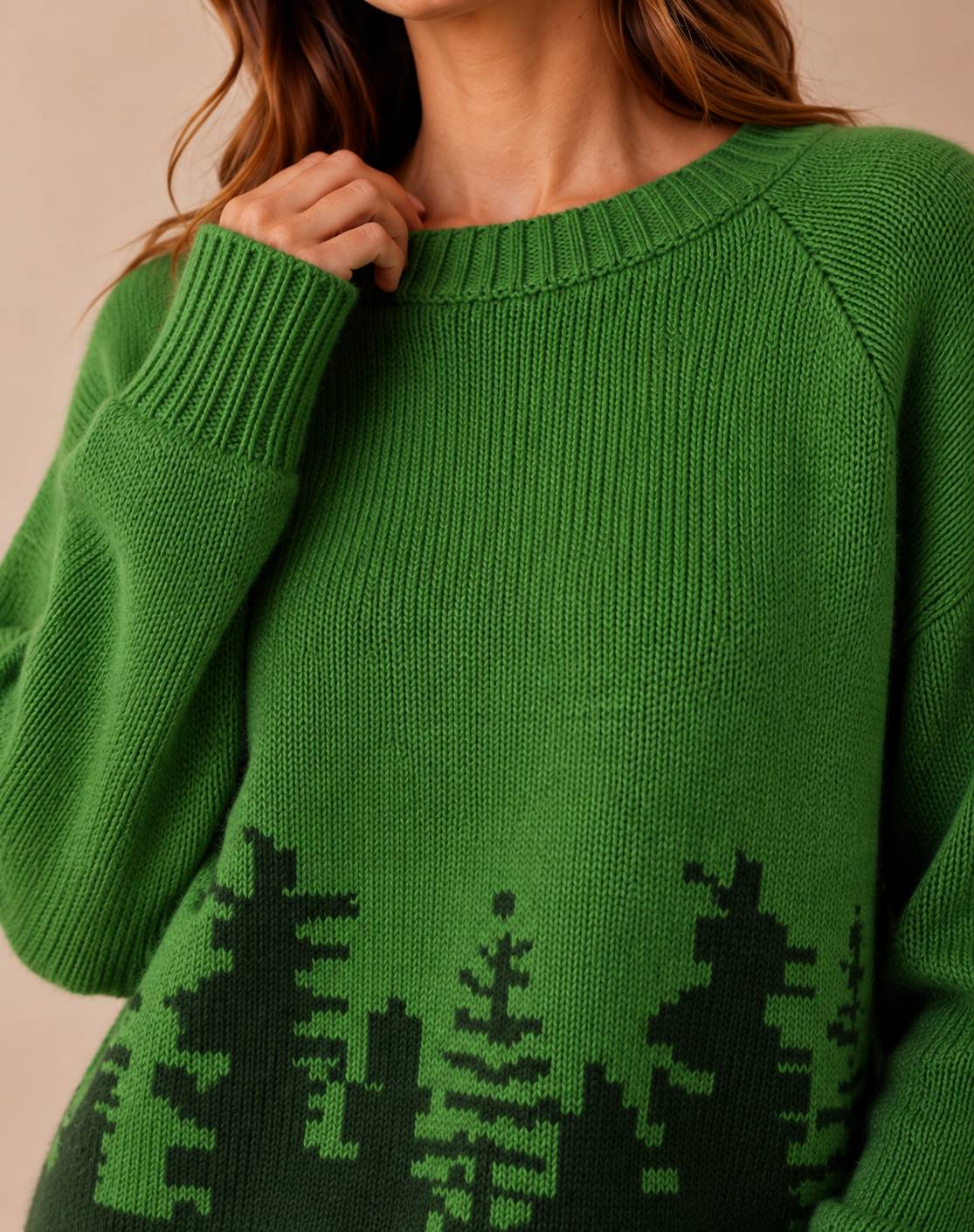 Women's Forest Print Knit Round Neck Sweater