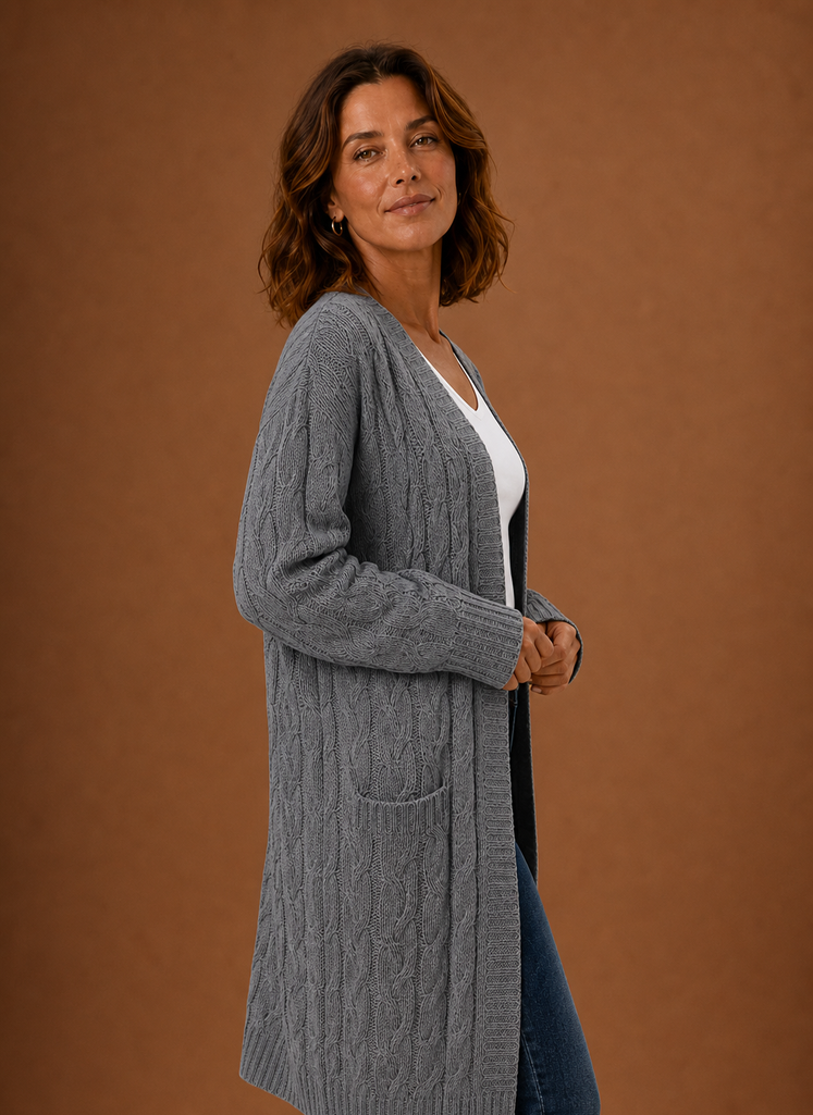 Women's Chunky Cable Knit Hooded Long Cardigan Duster