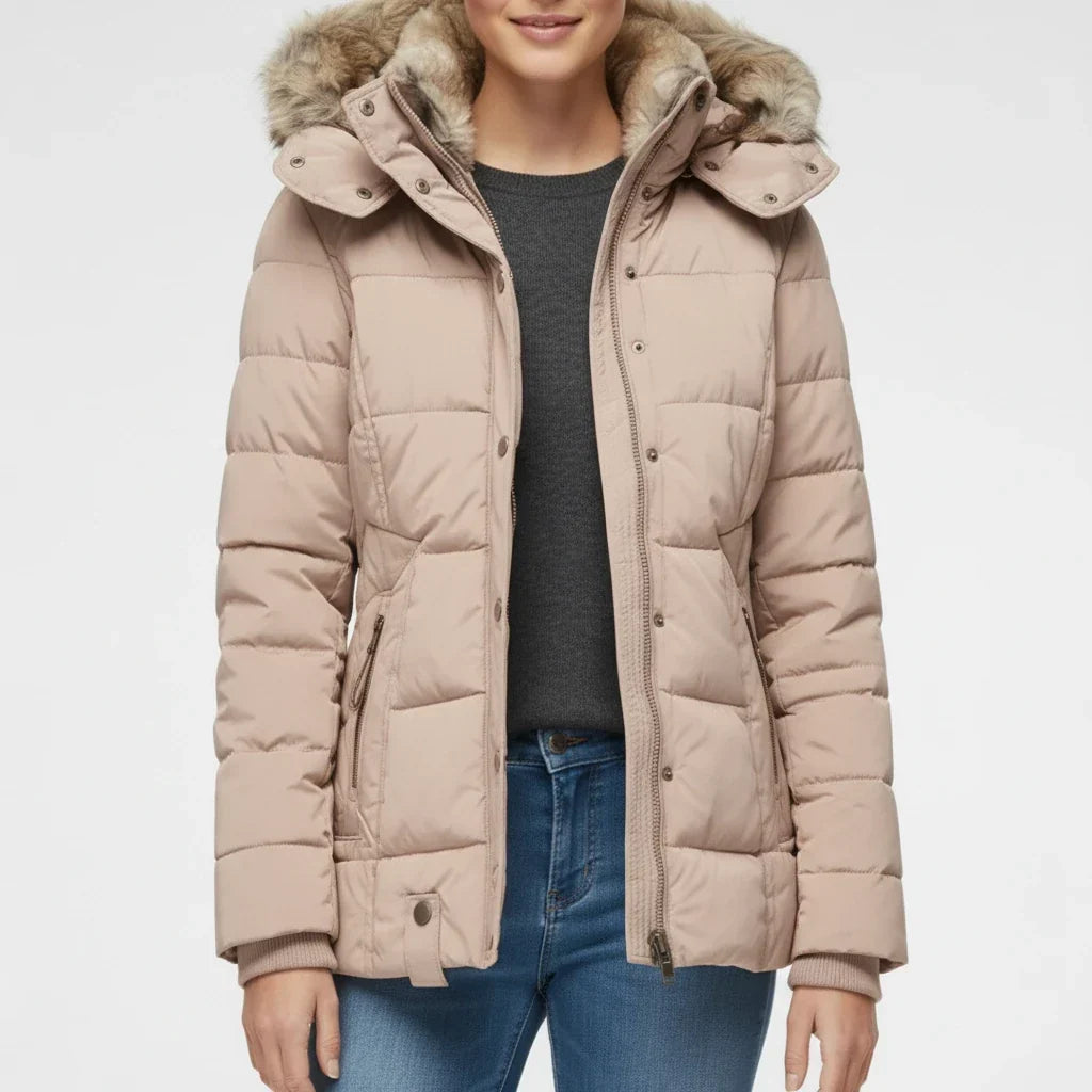 Women's Quilted Puffer Jacket with Hood and Faux Fur Trim