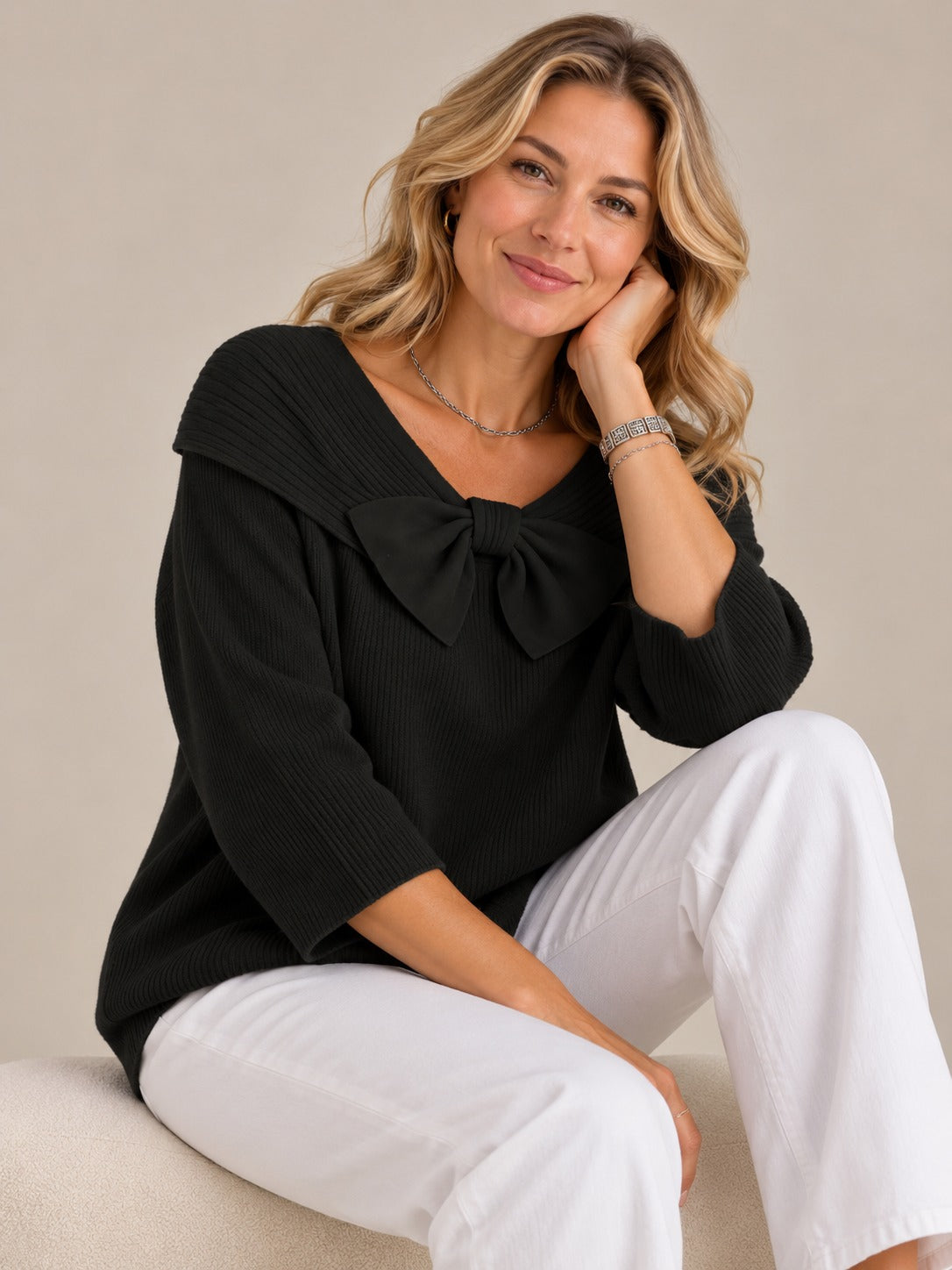 Elegant Bow Detail Fitted Sweater — Women's Knit Top