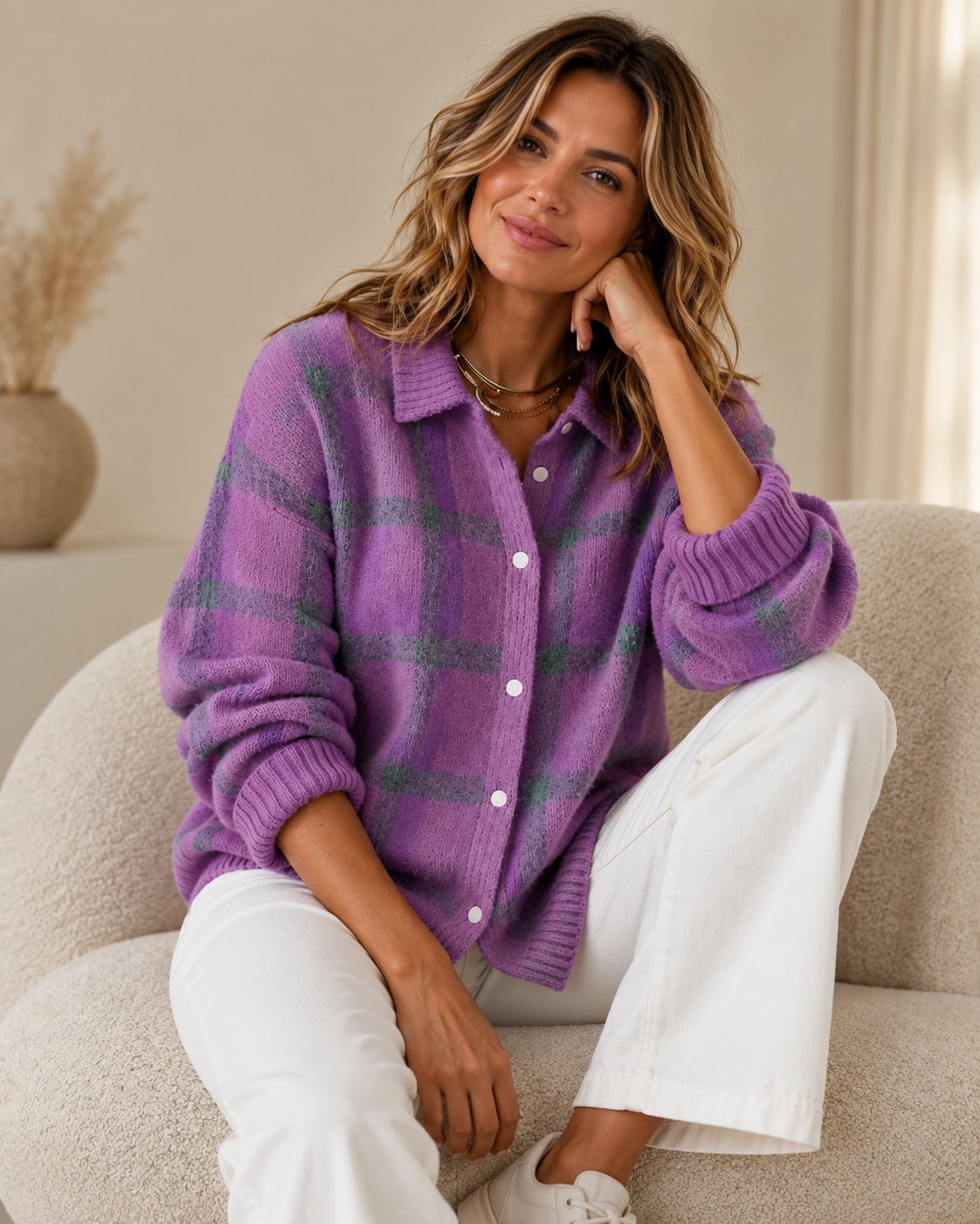 Plaid Knit Cardigan Vest for Women — Retro Checkered Design