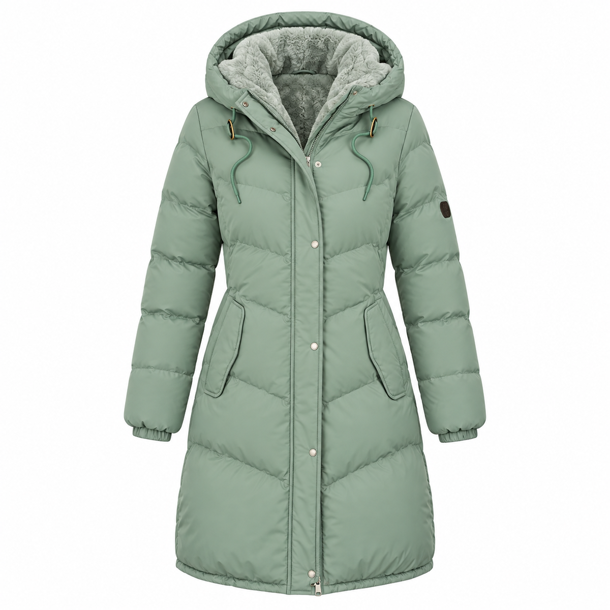 Ronja Puffer Coat — Adjustable Waist — Green — product only on white background — en-p3-m7
