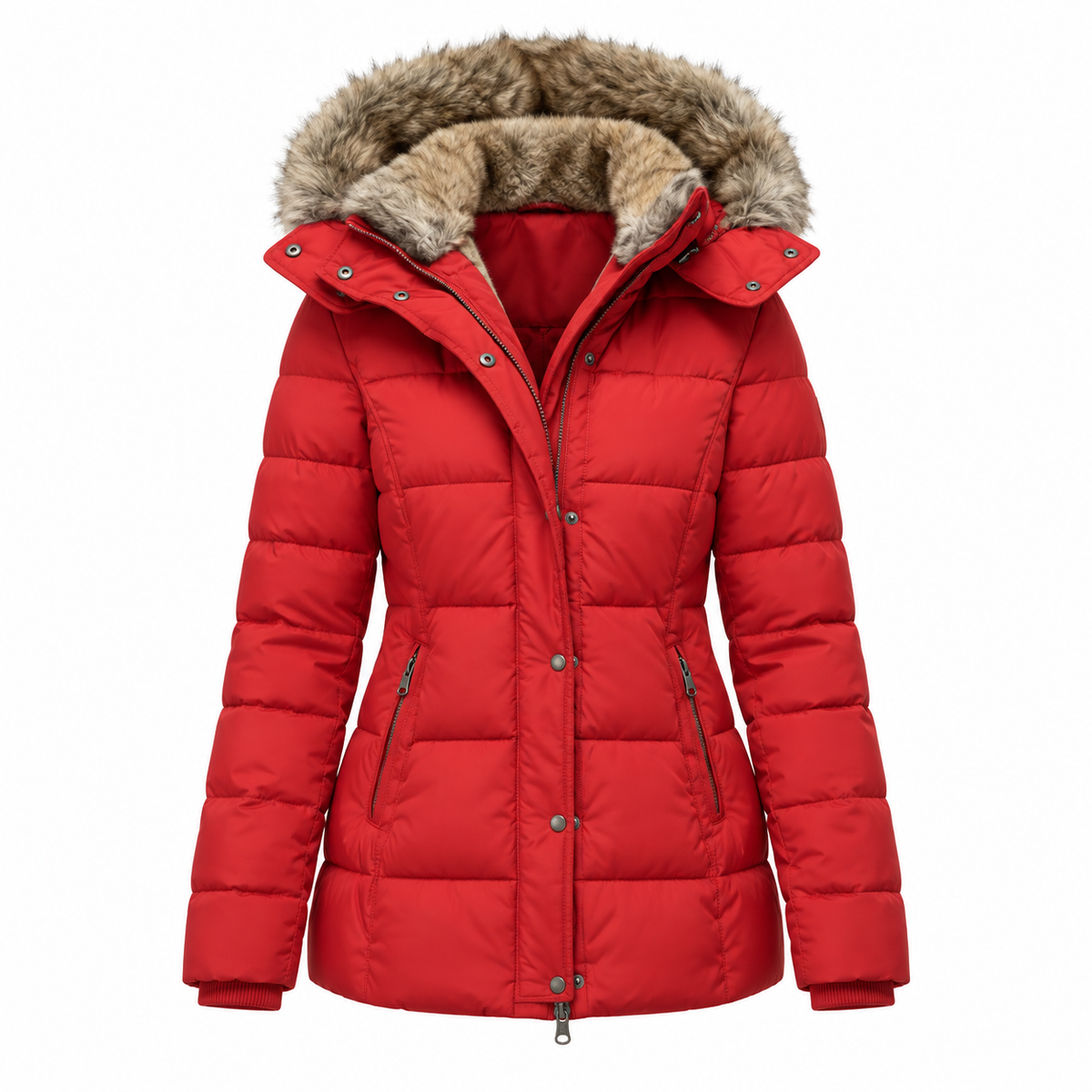 Lumi Puffer Jacket — Faux-Fur Hood — Red — product only on white background — en-p4-m12