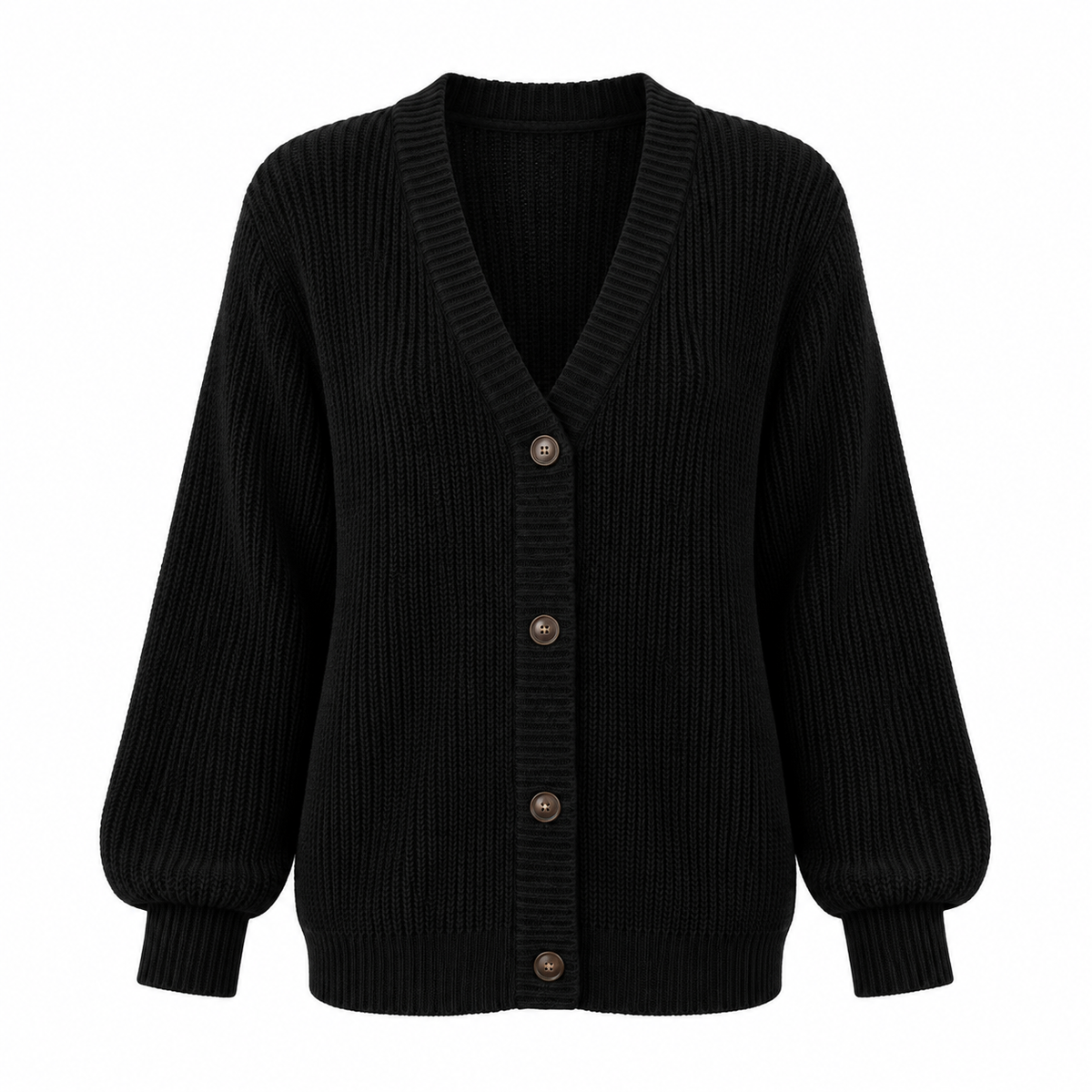 Linnea Cardigan — Buttoned V Neck — Black — product on white background — en-p18-m17