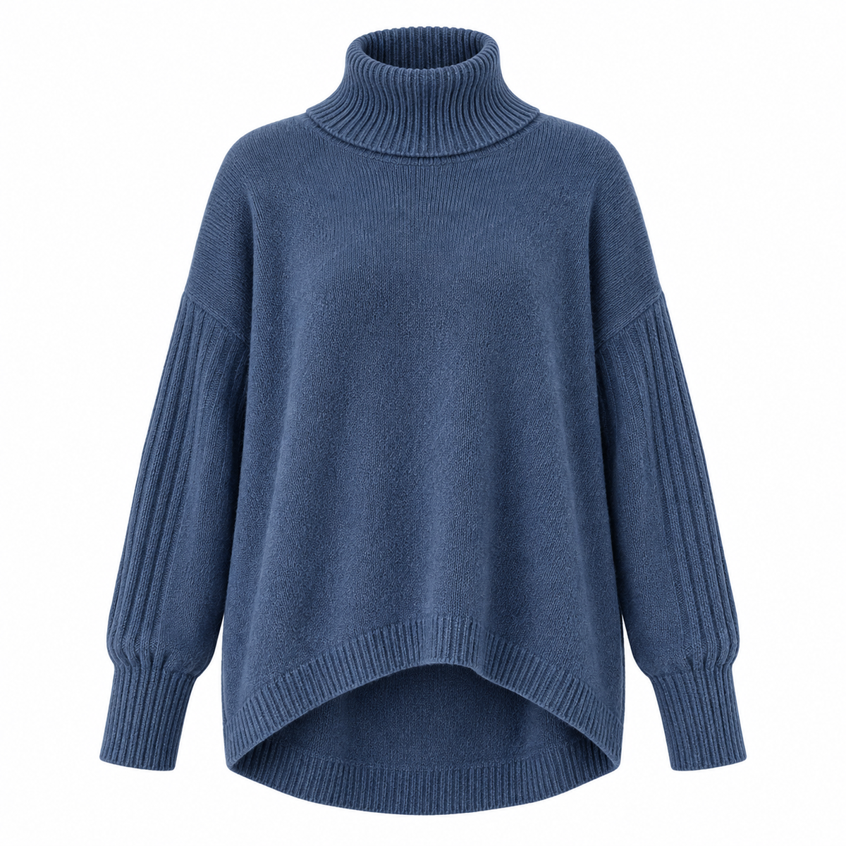 Sanna Jumper — Longline Roll Neck — Ocean Blue — product on white background — en-p23-m4