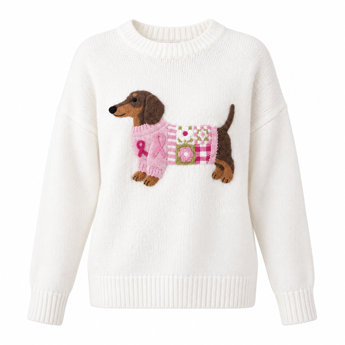 Tilda Jumper — Dachshund Motif — White, product only on white background — en-p25-m5