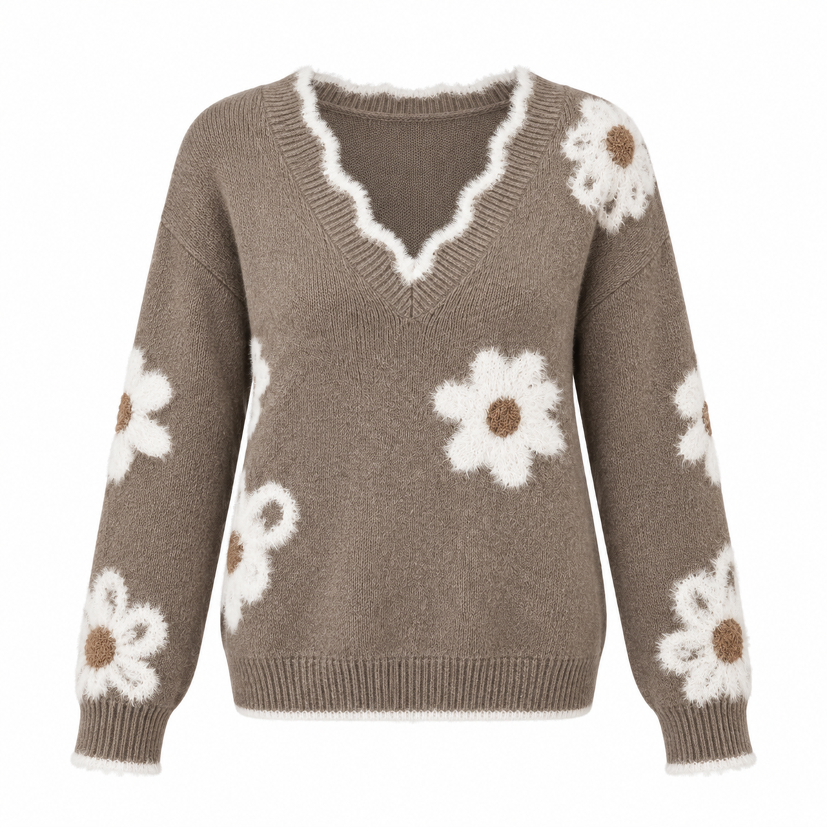 Freya Jumper — Daisy Motif — Khaki — product on white background — en-p31-m4