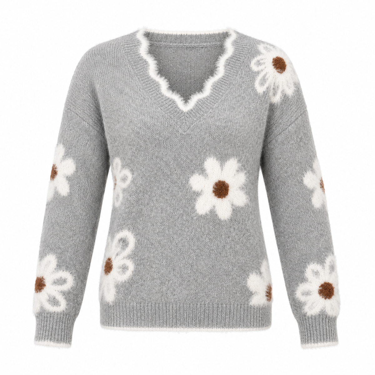 Freya Jumper — Daisy Motif — Grey — product on white background — en-p31-m5