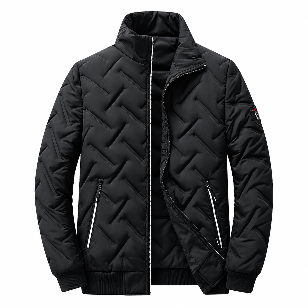 Lars Jacket — Graphic Quilting — Black — product on white background — en-p34-m11