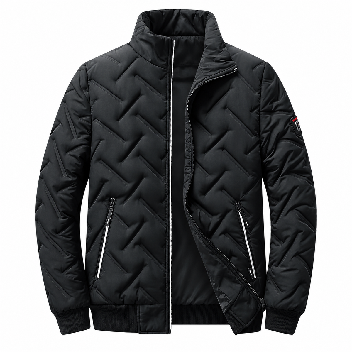 Leif Quilted Jacket — Graphic Stitching — Black — product on white background — en-p37-m8