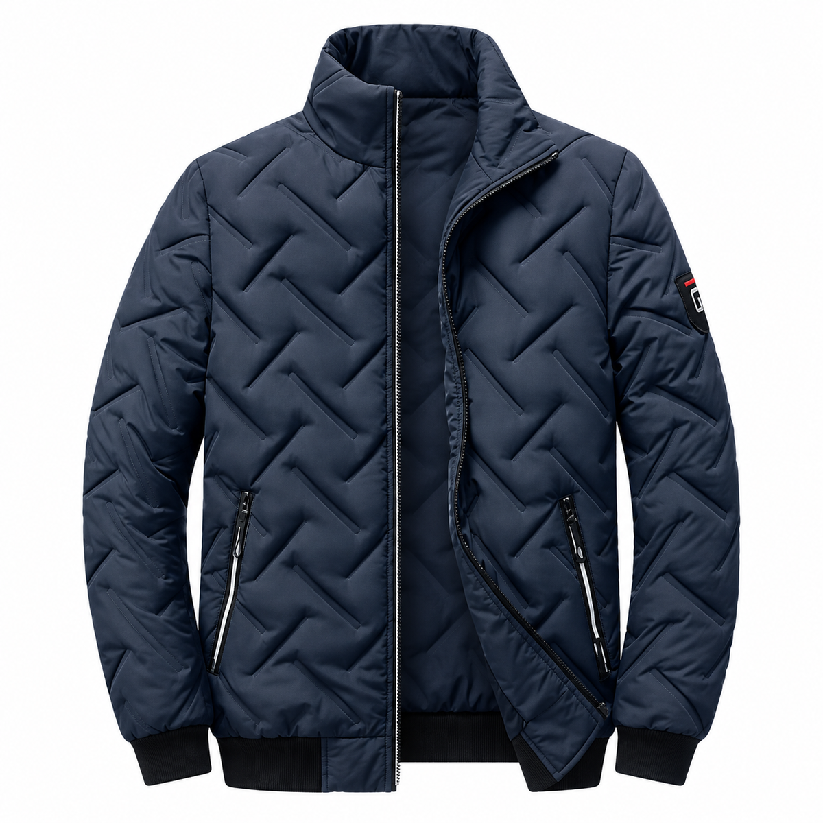 Leif Quilted Jacket — Graphic Stitching — Navy Blue — product on white background — en-p37-m9