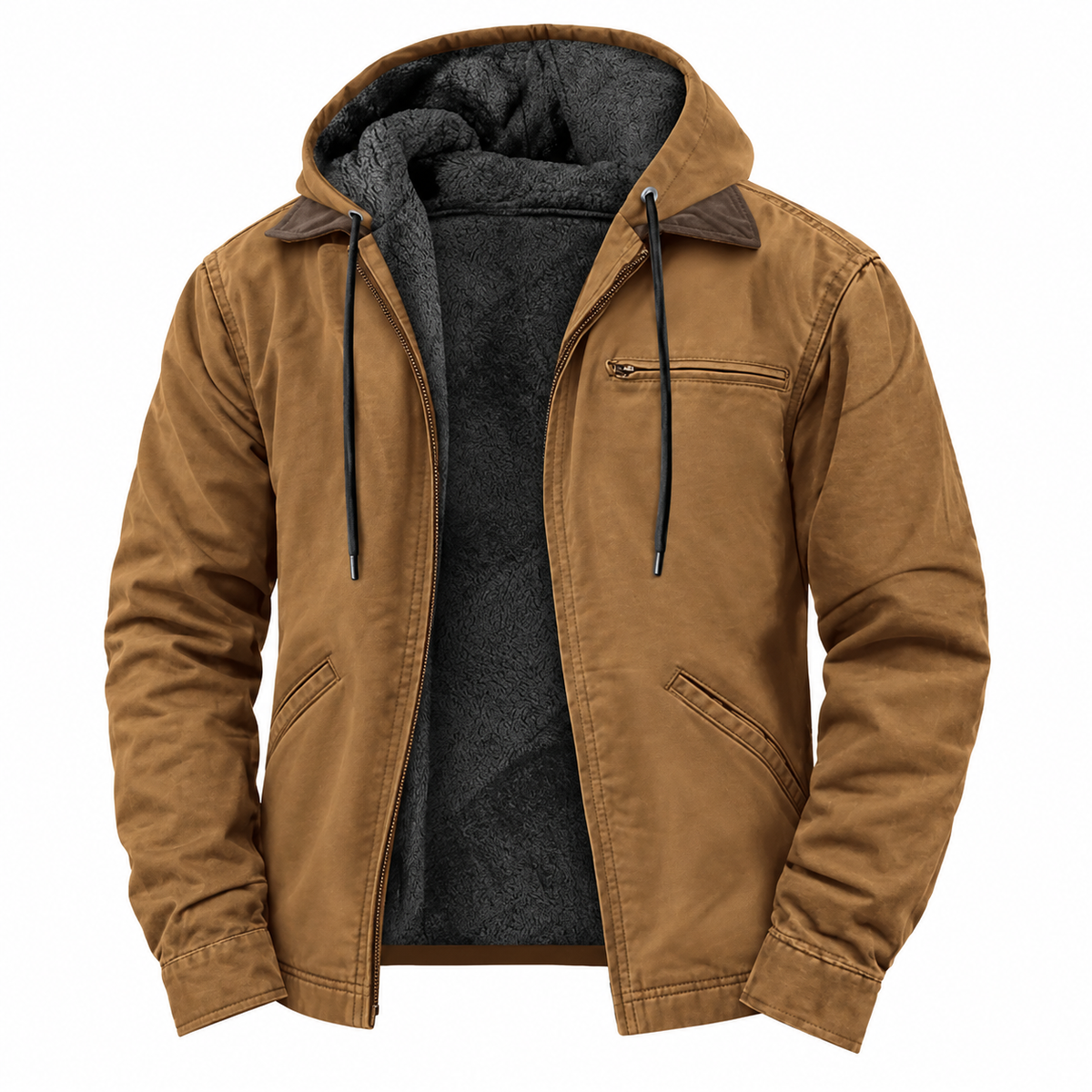 Ruben Hooded Jacket — Textured Lining — Brown — product on white background — en-p38-m9