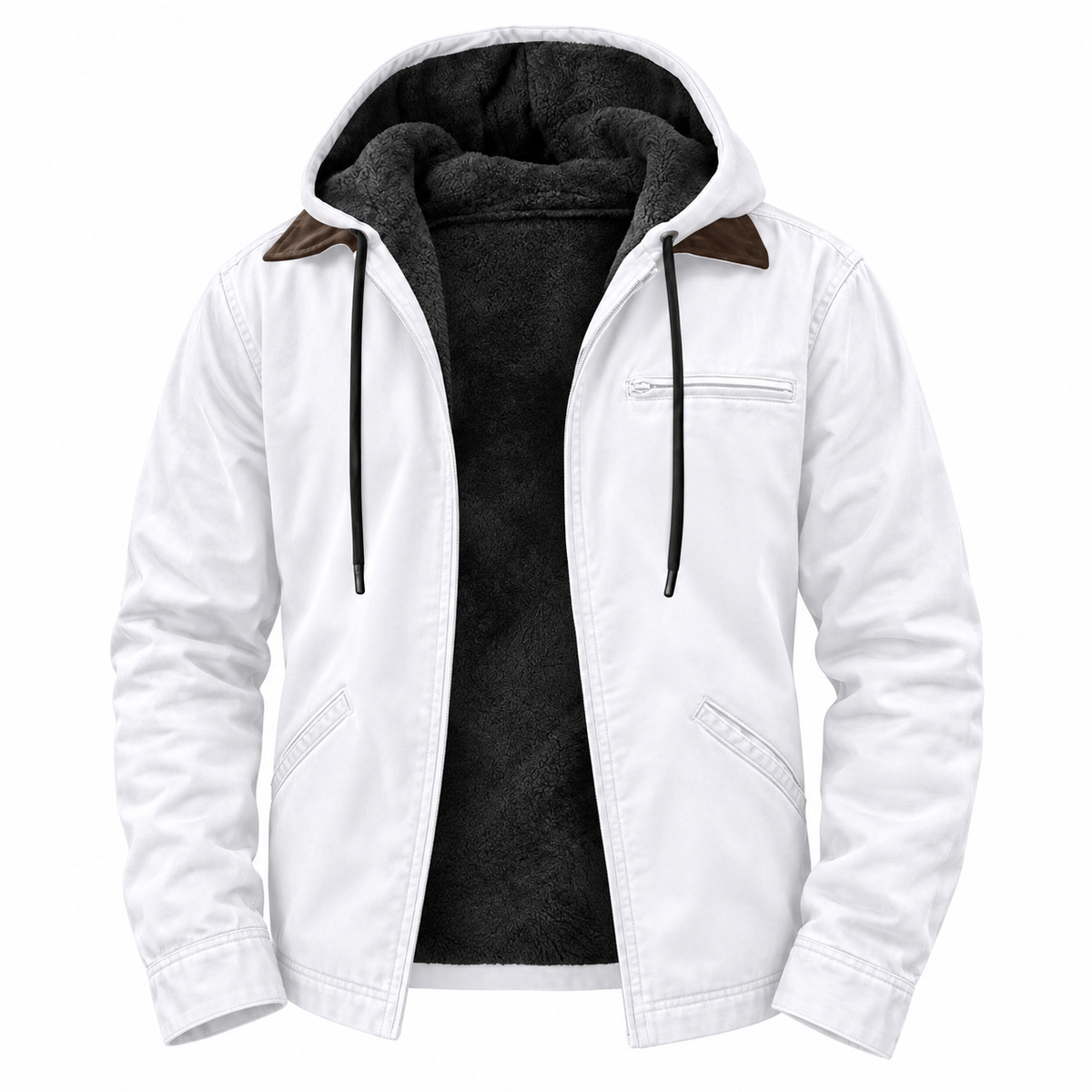 Ruben Hooded Jacket — Textured Lining — White — product on white background — en-p38-m13