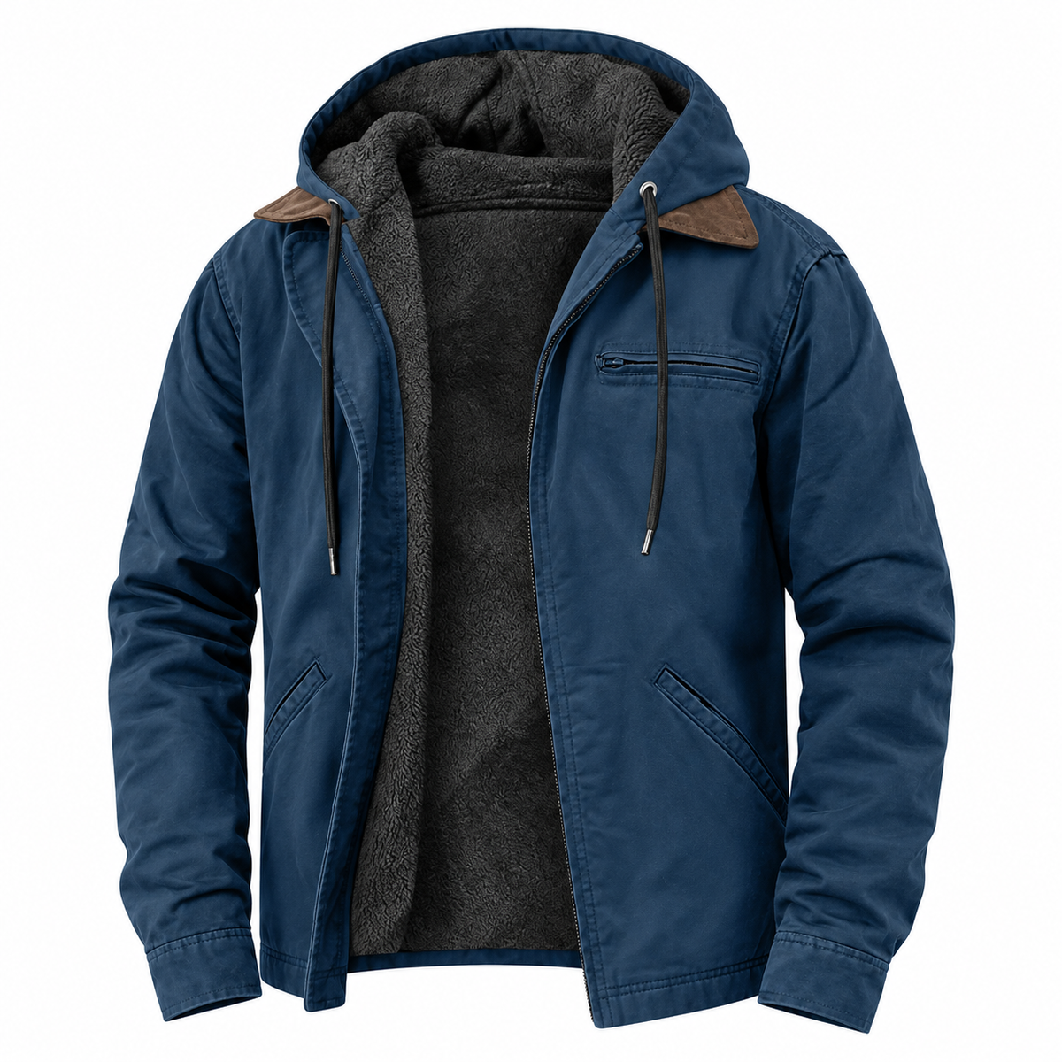 Ruben Hooded Jacket — Textured Lining — Navy — product on white background — en-p38-m14