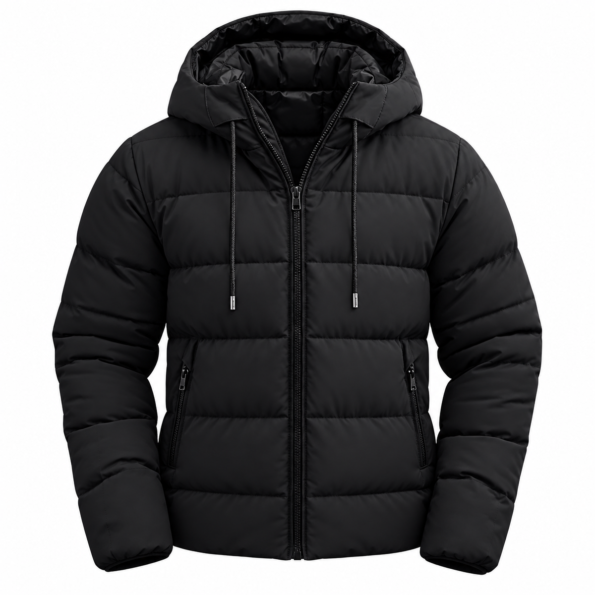 Nils Hooded Jacket — Horizontal Quilting — Black — product on white background — en-p39-m6