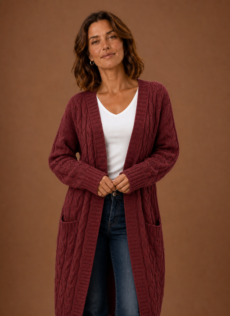 Women's Chunky Cable Knit Hooded Long Cardigan Duster