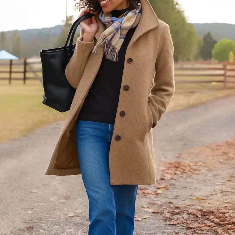 Women's Long Sleeve Button Front Peacoat in Wool Blend