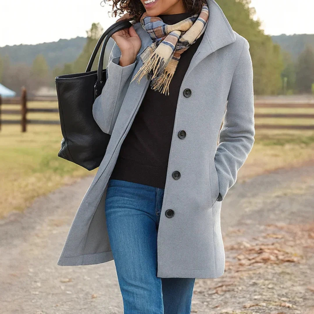 Women's Long Sleeve Button Front Peacoat in Wool Blend