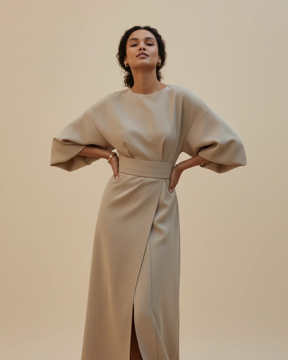 Chic Midi Dress with Puff Sleeves and Wrap Design