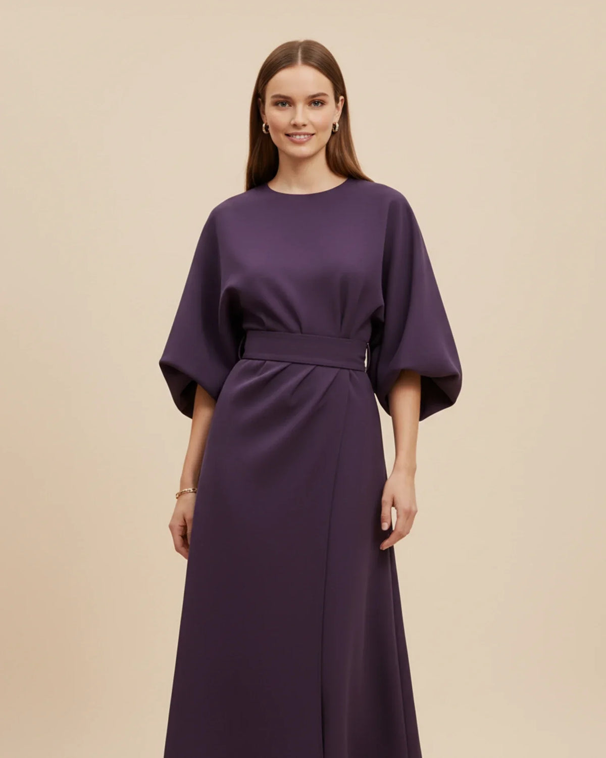 Chic Midi Dress with Puff Sleeves and Wrap Design