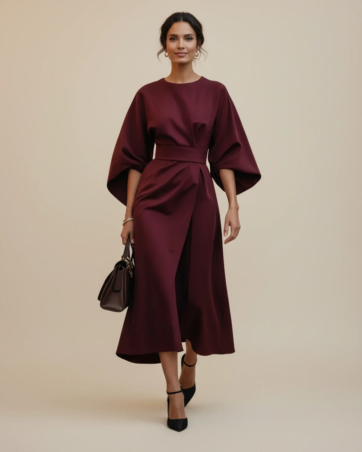 Chic Midi Dress with Puff Sleeves and Wrap Design