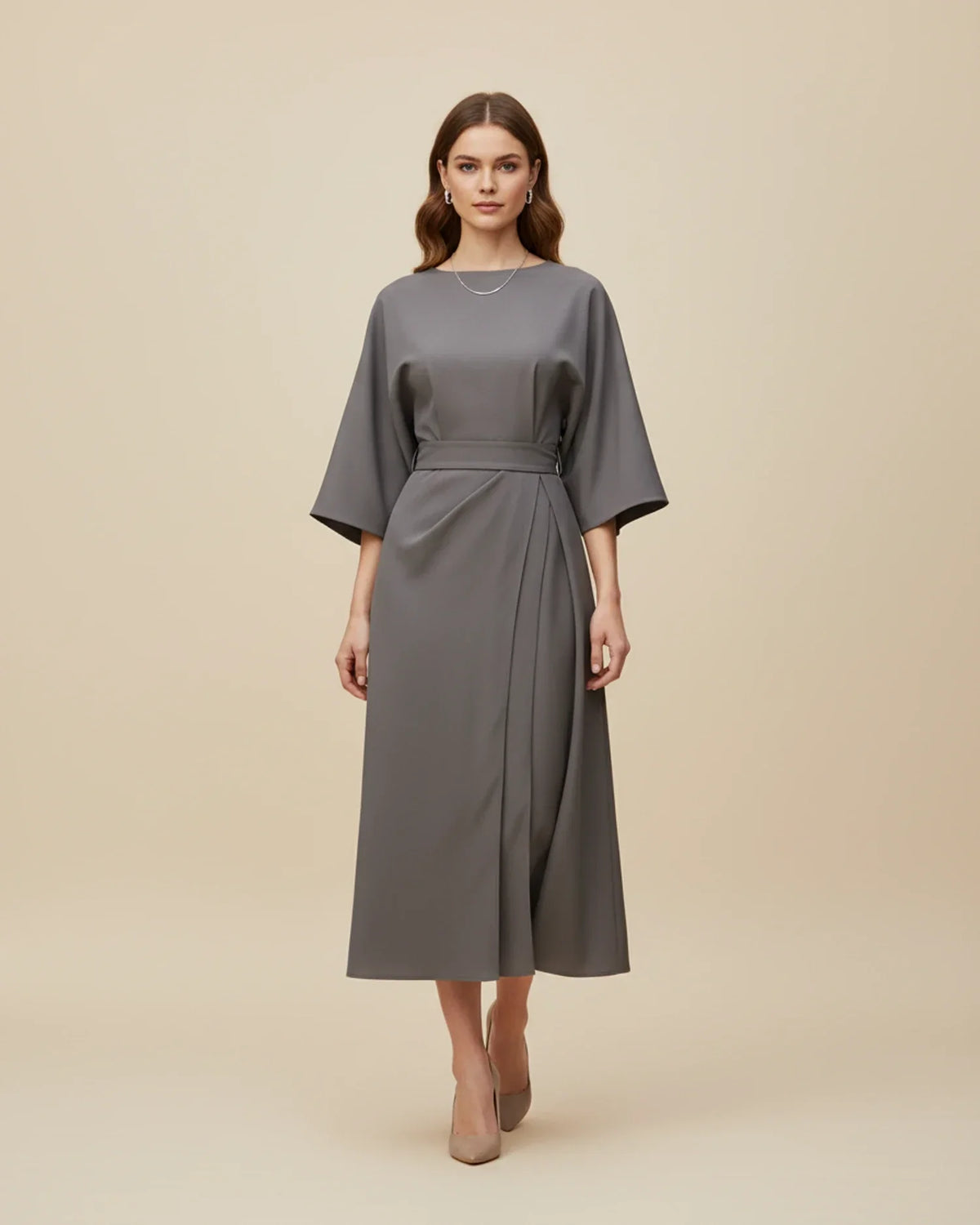 Chic Midi Dress with Puff Sleeves and Wrap Design