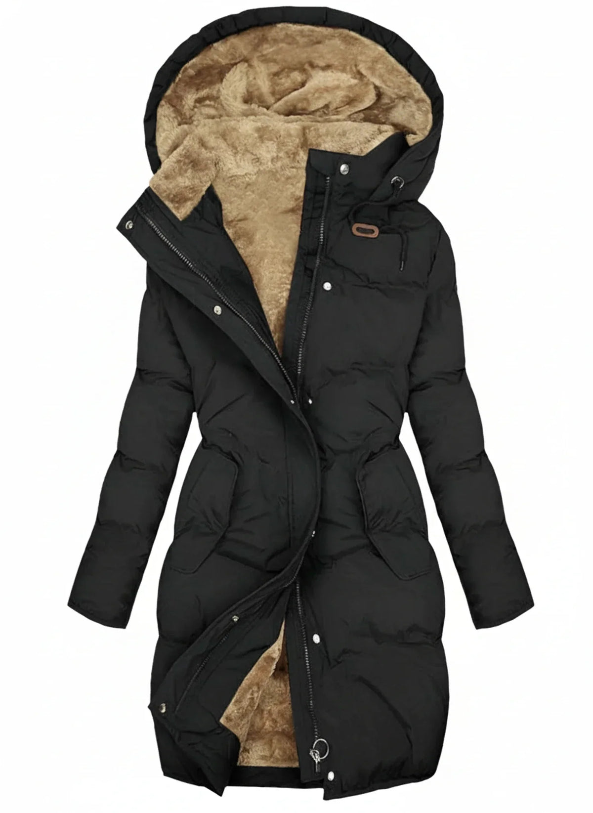 Women's Long Hooded Puffer Coat with Adjustable Drawstring Waist