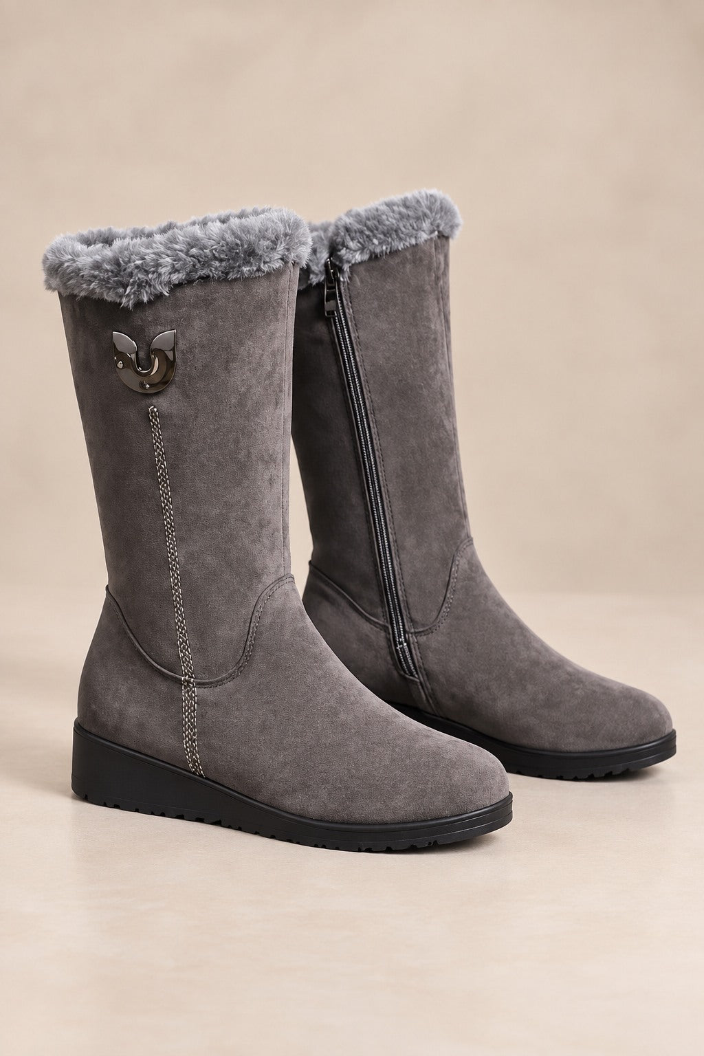Women's Mid-Calf Snow Boots with Faux-Fur Cuffs and Slip-On Design