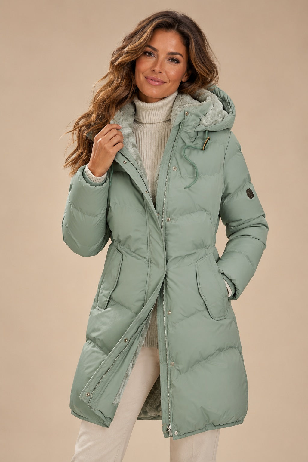 Women's Long Hooded Puffer Coat with Adjustable Drawstring Waist