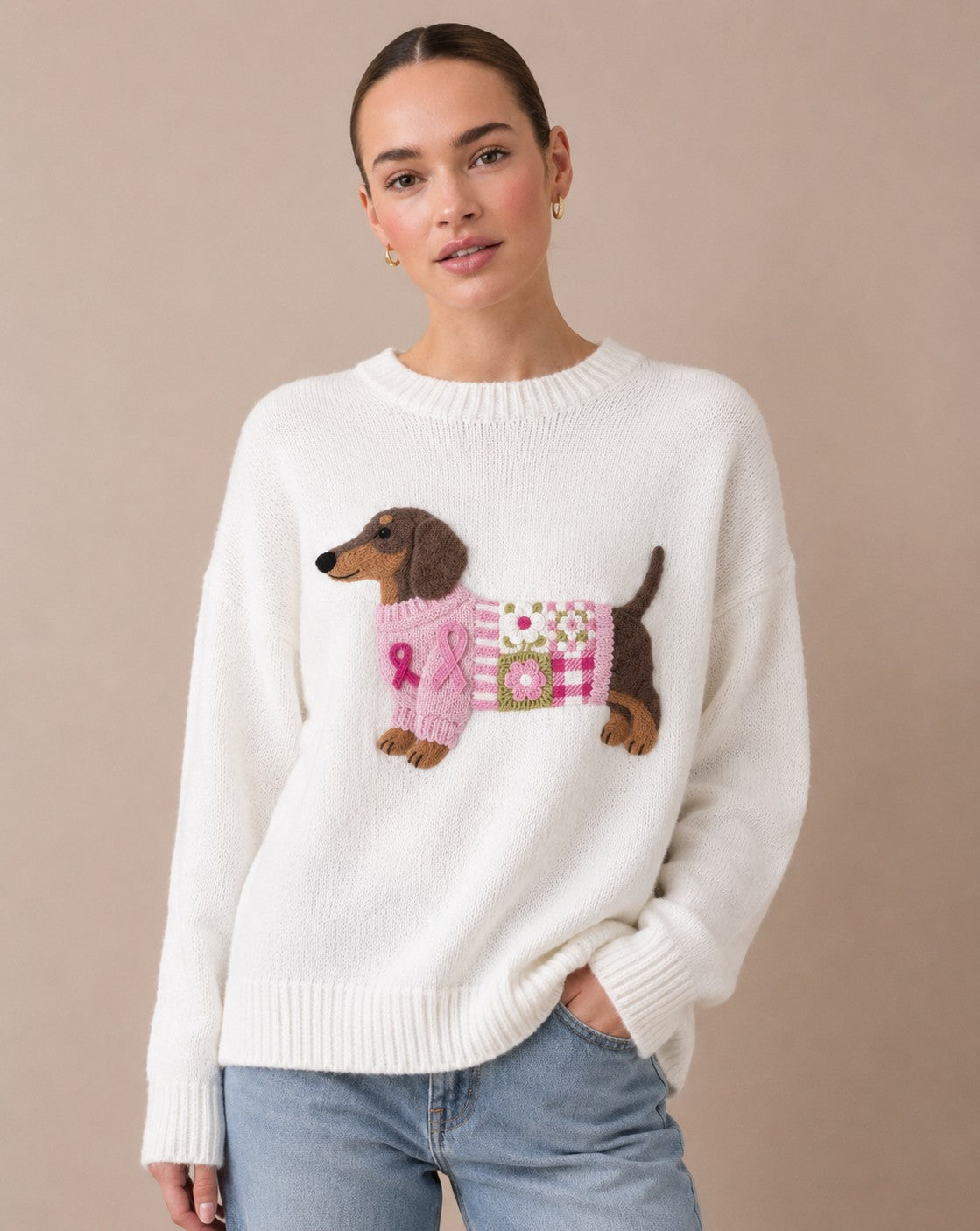 Women's Patchwork Knit Sweater with Dachshund Design