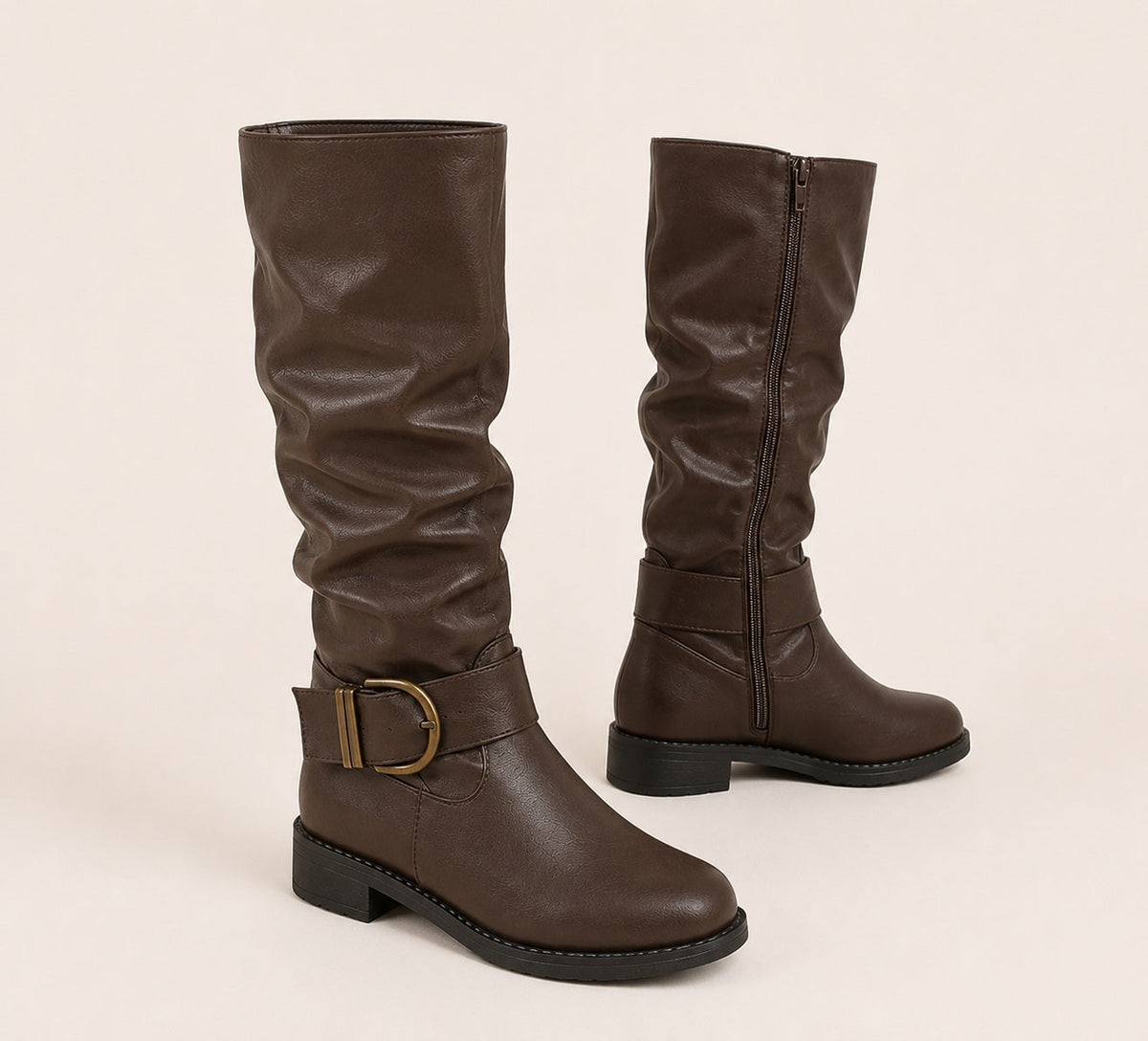 Women's Slouchy Fit Brown Knee-High Boots with Buckle — Wide Calf