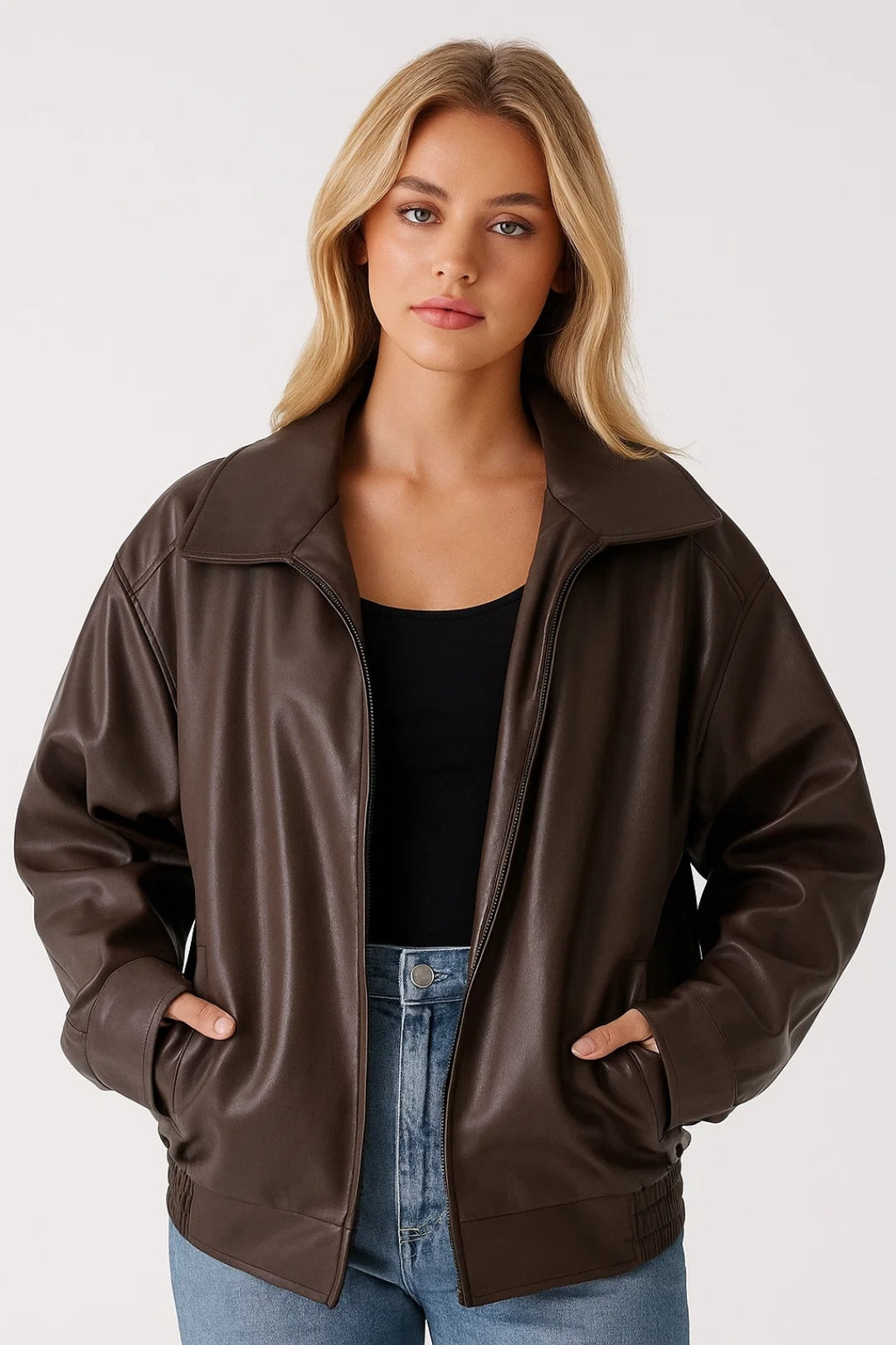 Women's Oversized Faux Leather Jacket - Zip-Up Street Style
