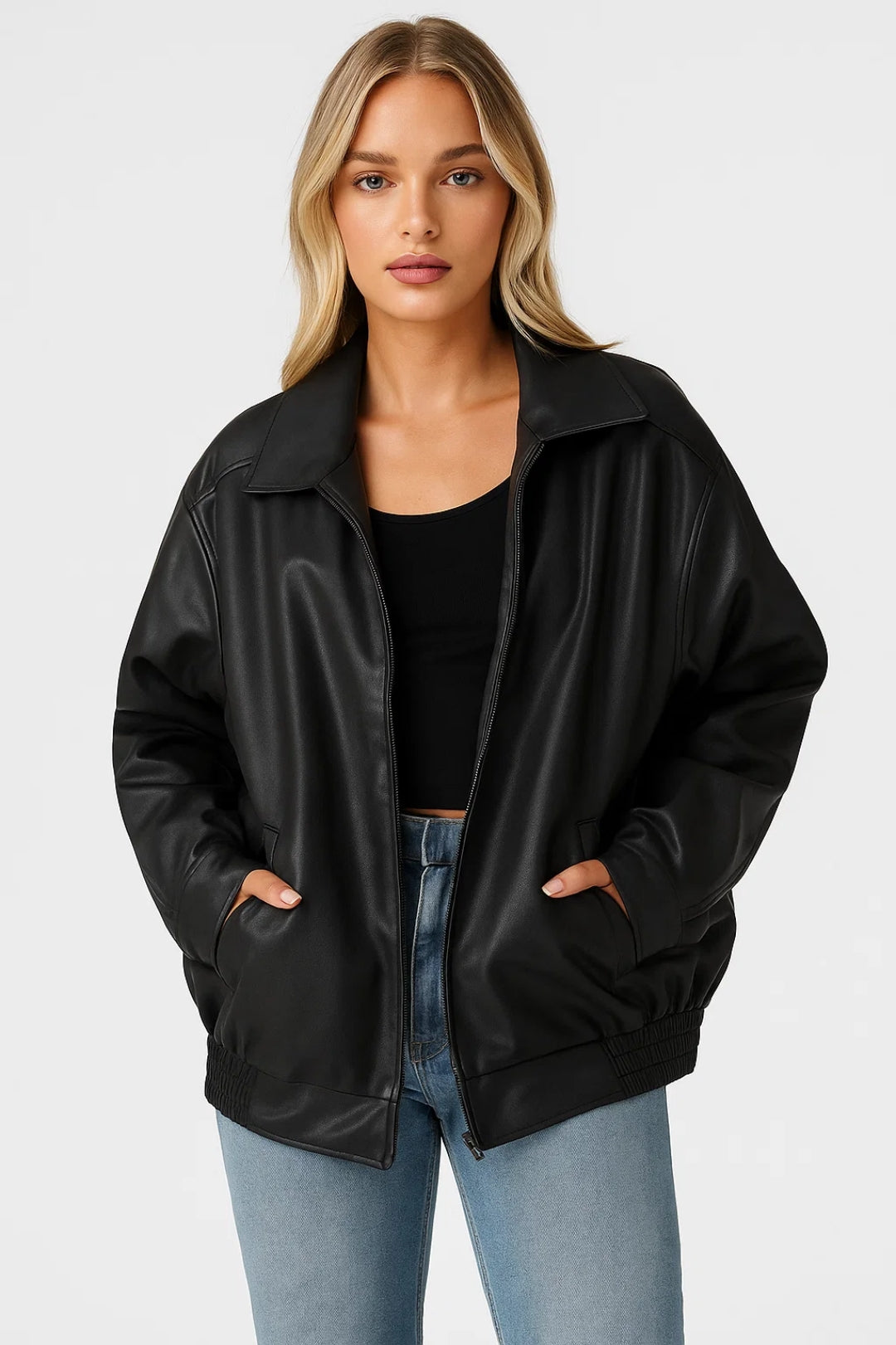 Women's Oversized Faux Leather Jacket - Zip-Up Street Style