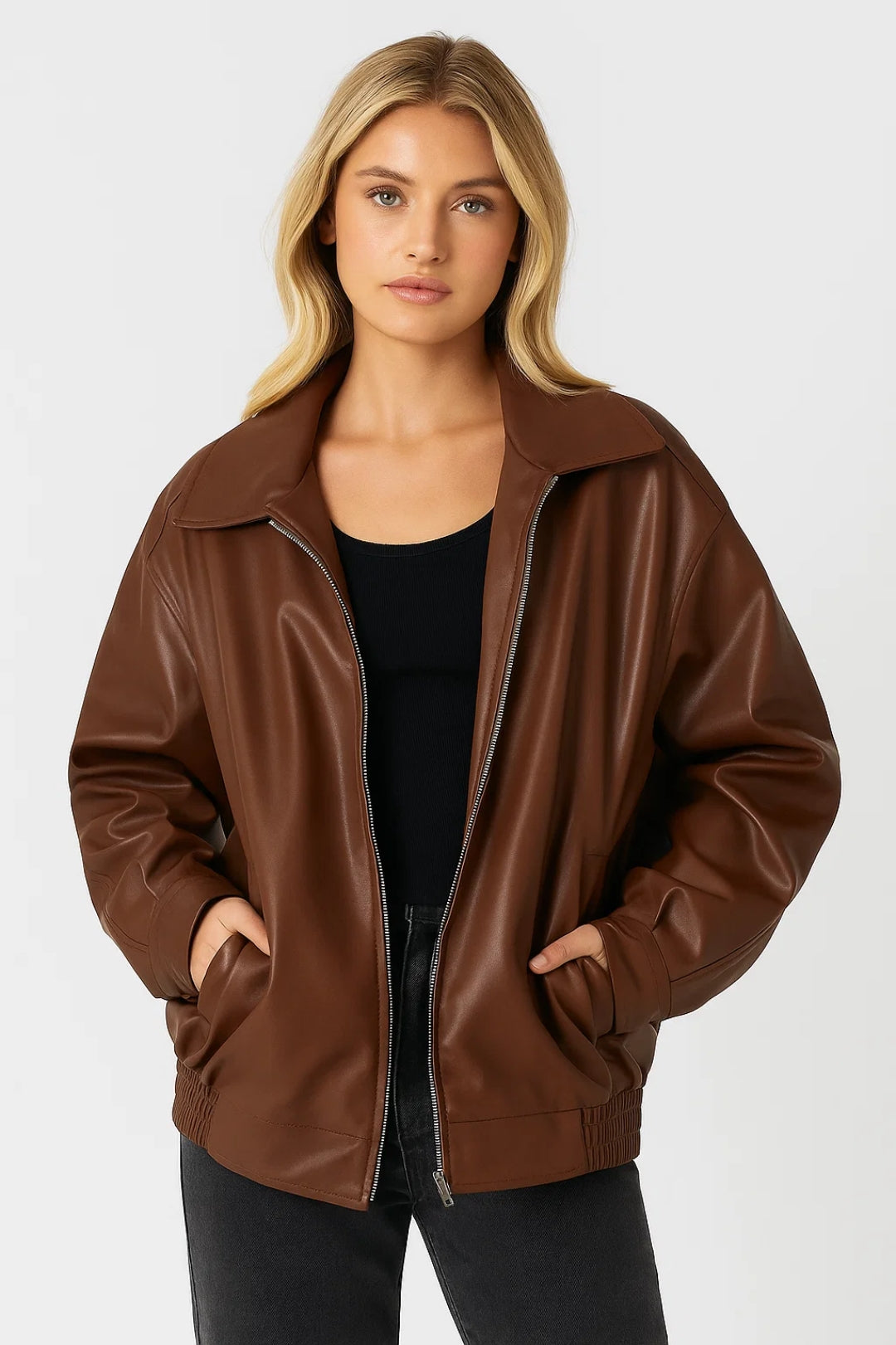 Women's Oversized Faux Leather Jacket - Zip-Up Street Style