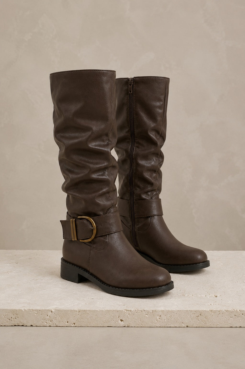 Women's Slouchy Fit Brown Knee-High Boots with Buckle — Wide Calf