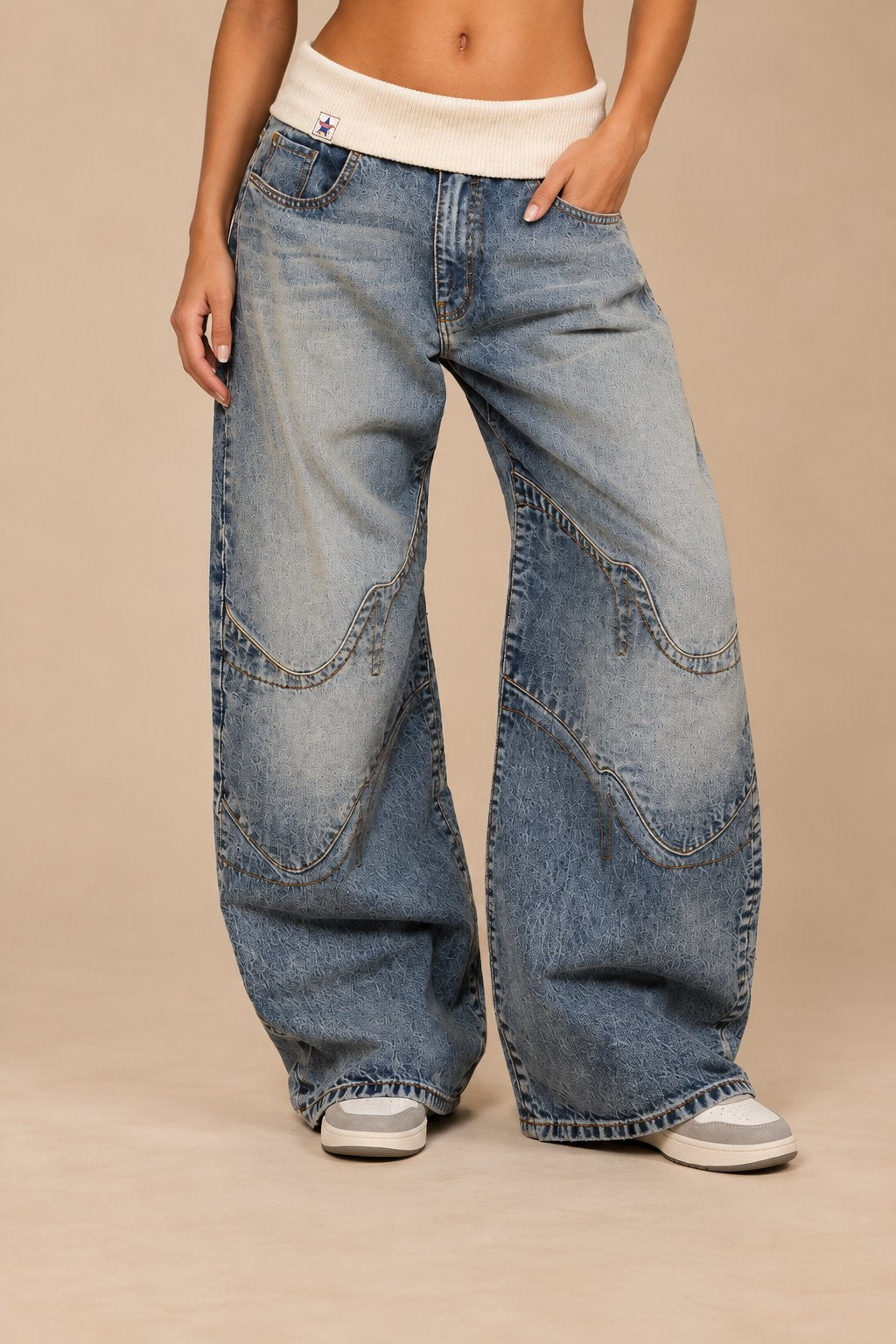 Loose-Fitting Wide-Leg Denim Pants with Ribbed Waistband — Urban Casual Style