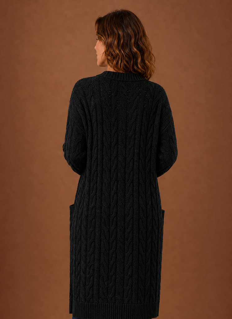 Women's Chunky Cable Knit Hooded Long Cardigan Duster