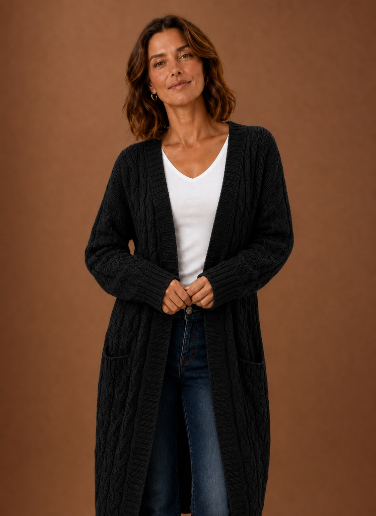 Women's Chunky Cable Knit Hooded Long Cardigan Duster