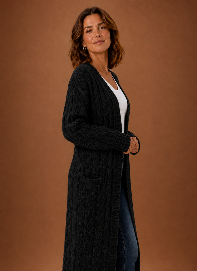 Women's Chunky Cable Knit Hooded Long Cardigan Duster