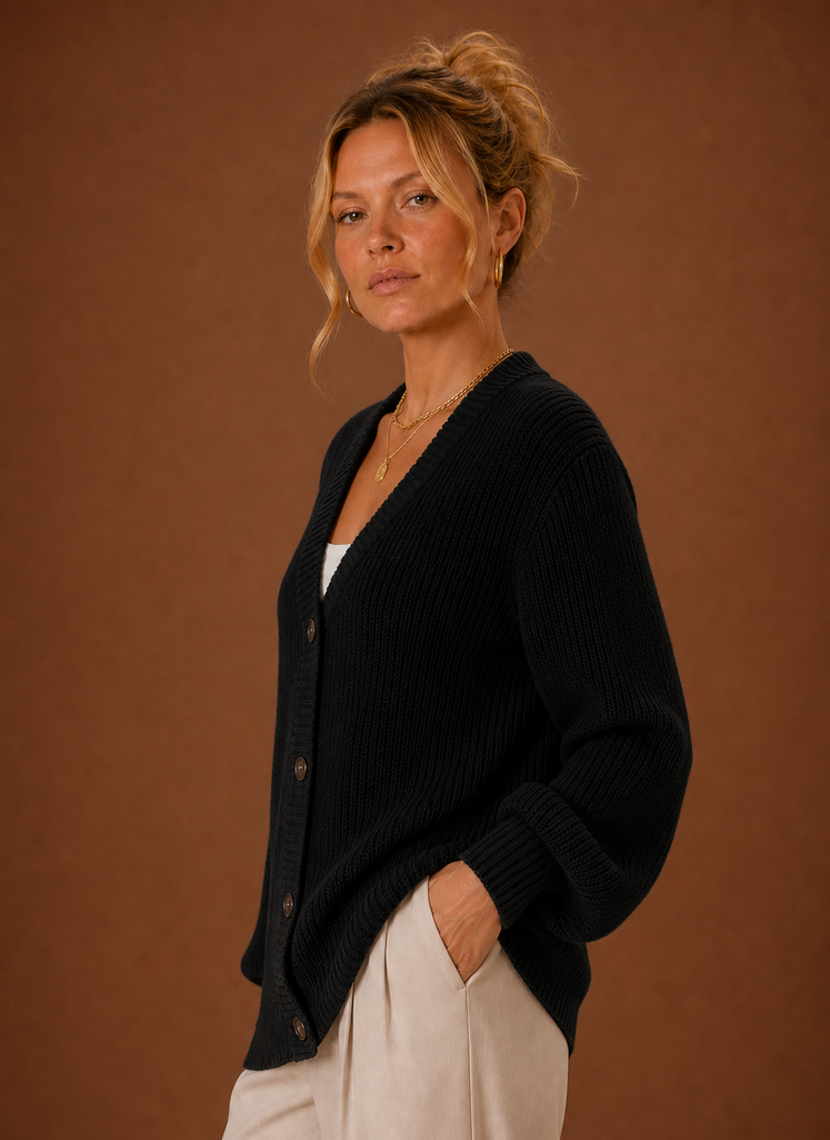 Women's Long Sleeve Button-Up V-Neck Knit Sweater Cardigan