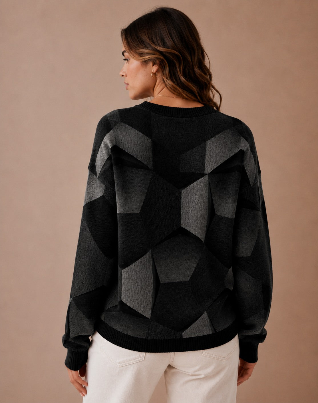 Women's Long Sleeve Sweater with Geometric Knit Pattern
